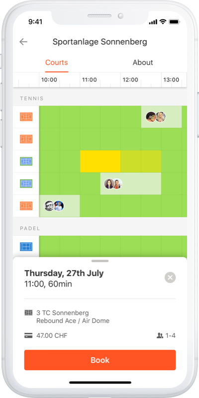 iPhone X with GotCourts App showing the schedule of the day at a Swiss Tennis Club and a selected slot for a 60 minute reservation